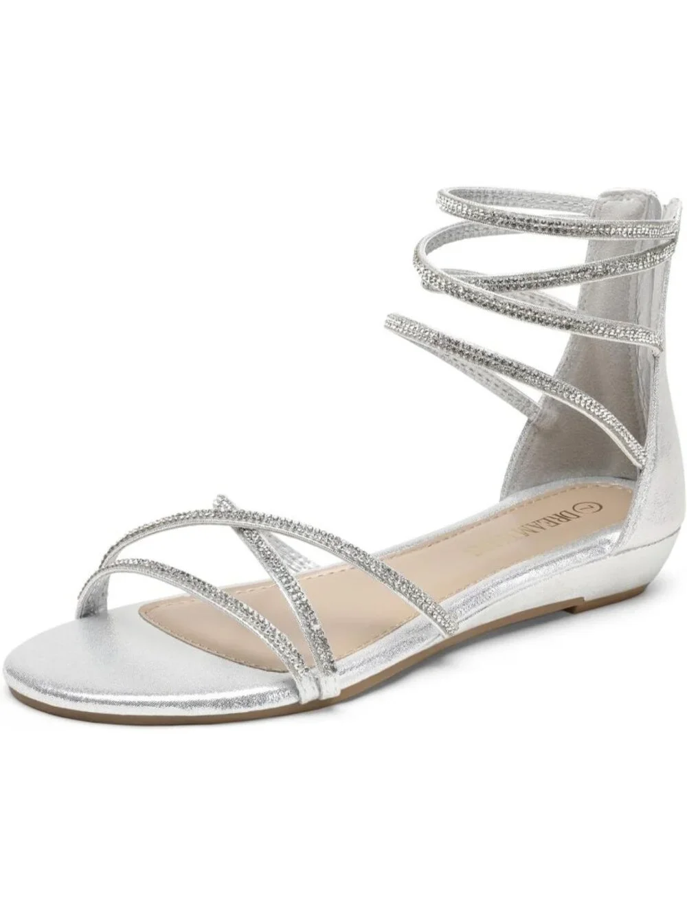 Women's Silver Rhinestones Gladiator Flat Sandals Ankle Strap Comfortable Zip